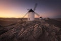 Don Quixote windmills at sunset. Famous landmark in Consuegra, Toledo Spain.