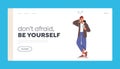 Don't Afraid Be Yourself Landing Page Template. Confused Teenager Student Male Character Figure Out with Smartphone