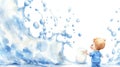 Don\'t Cry Over Spilled Milk Day Child with a glass of milk facing giant wave of blue paint, dreamlike adventure illustration