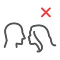 Don t kiss line icon, coronavirus and covid-19, kissing prohibited sign, vector graphics, a linear pattern on a white