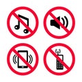 Don`t make noise, No mobile phones, no music, No loud noises, red prohibition signs. Royalty Free Stock Photo