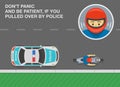 Don`t panic and be patient if you pulled over by police. Top view of a traffic police car and moto rider on side of the road.