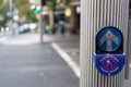 Don`t push the button sign of traffic light  button is provided for pedestrian crossing street in Sydney, to safely cross the roa Royalty Free Stock Photo