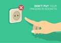 Don`t put your fingers in sockets. Human sticks his finger into an electrical outlet. Stay safe with electricity.