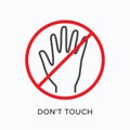 Don`t touch line icon. Vector outline illustration of crossed hand. Stop sign, pictorgam for forbidden entry, do not Royalty Free Stock Photo