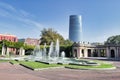 Dona Casilda de Iturrizar fountain and park with the Iberdrola tower on the background of Bilbao