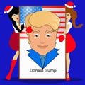 Donald Trump against the background of America a flag. vector illustration. the head an icon blue tie and jacket on banner. two