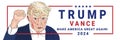 Donald Trump 2024 campaign logo and portrait of Donald Trump. Make America Great Again \