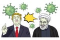 Donald Trump and Hassan Rouhani vs Coronavirus COVID-19. Vector Cartoon Caricature Portrait Illustration. Washington DC March 27, Royalty Free Stock Photo