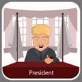 Donald trump president smile victory finger up elections of 2016. Presidential chair. Fight success. Vector illustration. Round