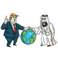 Donald Trump and Prince Mohammad bin Salman Laying Hands on Globe. Cartoon Vector. March 11, 2019 Royalty Free Stock Photo