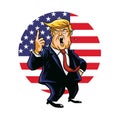 Donald Trump Shouting You`re Fired! Vector Cartoon Drawing Caricature with Circle American Flag Background. Washington, September