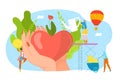 Donate blood, charity, philantrophy concept for donor day, help and save life vector illustration. Heart in loving hands