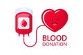 Donate blood concept with blood bag and heart character. Blood donation vector illustration. World blood donor day.