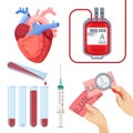 Donate blood concept vector illustration set. Donor service equipment Royalty Free Stock Photo