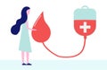 Donate blood concept with woman, blood bag and a drop of blood in a flat style Royalty Free Stock Photo