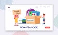Donate a Book Landing Page Template. Little Boy and Girl Orphan Characters Stand at Donation Box with School Books