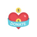 Donate button with coin, heart, ribbon