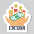 Donate button with hands and falling money