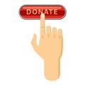 Donate button pressed by hand icon, cartoon style