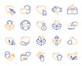 Donate and Charity line icons. Volunteer help, Global hunger, Food box icons. Vector