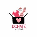 Donate clothes. Cardboard box with t-shirt and winter clothes, volunteering and support poor people, second hand shop charity and