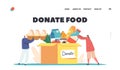 Donate Food Landing Page Template. Support Social Care, Volunteering and Charity. Tiny Characters Filling Donation Box