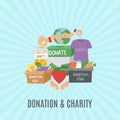 Donate and help symbols, charity organization, heart flat icons set of food and clothes donation cartoon vector