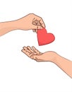 Donate. A helping hand. Icon for charity. Vector illustration. The hand that gives the heart to another hand. Royalty Free Stock Photo