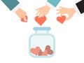 Donate jar with hearts concept. Charity and donations vector illustration. People hands donating heart in jars. Give and Royalty Free Stock Photo