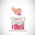 Donate for love. human hand take heart into donate box with full