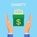 Donate money to charity concept. Donation jar, box isolated on background. Human hand hold dollar bill, gold coin, cash. Business