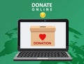 Donate online payments. Make a donation box on a laptop PC display. Charity fundraising concept. Earth background