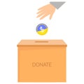 Donate to help Ukraine. The hand throws a coin for donation. Vector