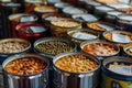 Donation bins overflowing with canned soup and beans lined up on a table, Donation bins overflowing with canned soup and beans Royalty Free Stock Photo