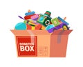 Donation box. Children toys in containers carrying for poor kids support donation for different peoples garish vector