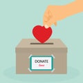 Donation box. Donate blood. Concept of Care and Love. Hand take heart into donate box. Vector stock