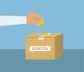 Donation box with gold coin vector. Man giving charity to a donation box. Raising funds for poor people concept. Donation box with