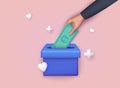 Donation Box with human hand insert money. Donation and charity concept. 3D Web Vector Illustrations