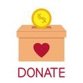 Donation box. Throwing coin in a box for donations. Donate, giving money and love. Concept of charity. Give and share your love