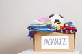 Donation box with toys, books, clothing for charity Royalty Free Stock Photo