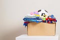 Donation box with toys, books, clothing for charity Royalty Free Stock Photo