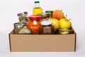 Donation box with various food. Food delivery, online shopping, copy space