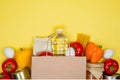 Donation box with various smart food. Paper bag. Food donations or food delivery service concept.