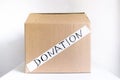 Donation box on a white background. Charity help during the crisis. Donations of food, clothes, things, toys