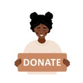 Donation and charity concept. African volunteer woman holding in hands cardboard sign Donate. Support for homeless and Royalty Free Stock Photo