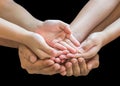 Donation charity concept with family, parent - children, empty hands praying together isolated with clipping path