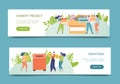 Donation, charity poster banner vector illustration design. Charitable contribution concept. People donate toys, clothes Royalty Free Stock Photo