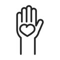 Donation charity volunteer help social hand with heart in palm line style icon