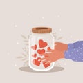 Donation concept. Female hands holding glass jar full of red hearts. International charity day. Share your love. Vector Royalty Free Stock Photo